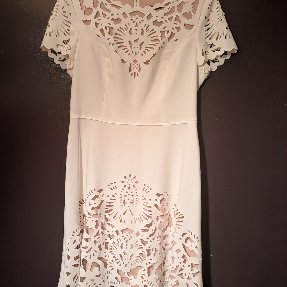 Beige laser cut lace size 10 dress by Focus by Shani.